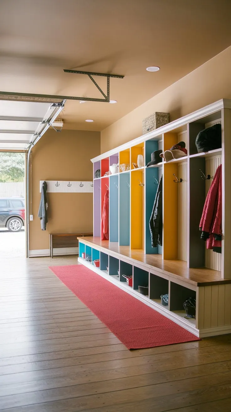 This garage renovation transformed unused space into a vibrant and functional mudroom in garage.  The colorful mudroom lockers, wooden floors, and thoughtful mudroom decor create a welcoming entryway, while the open garage door hints at the possibilities beyond.  A perfect blend of style and practicality for this mud room garage.