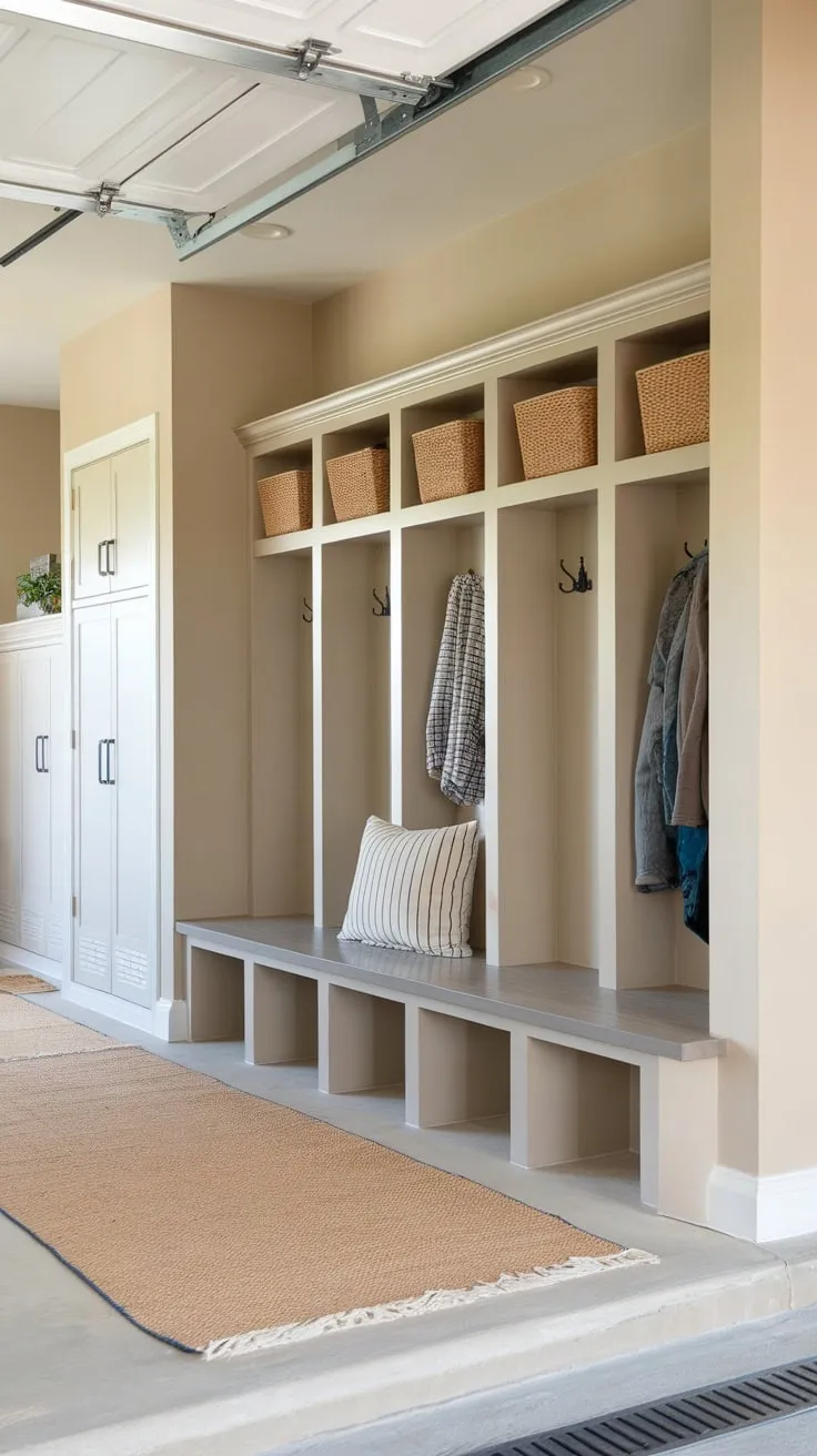 A beige garage renovation boasts a practical mudroom complete with lockers, bench, and shelving for organized entryway convenience