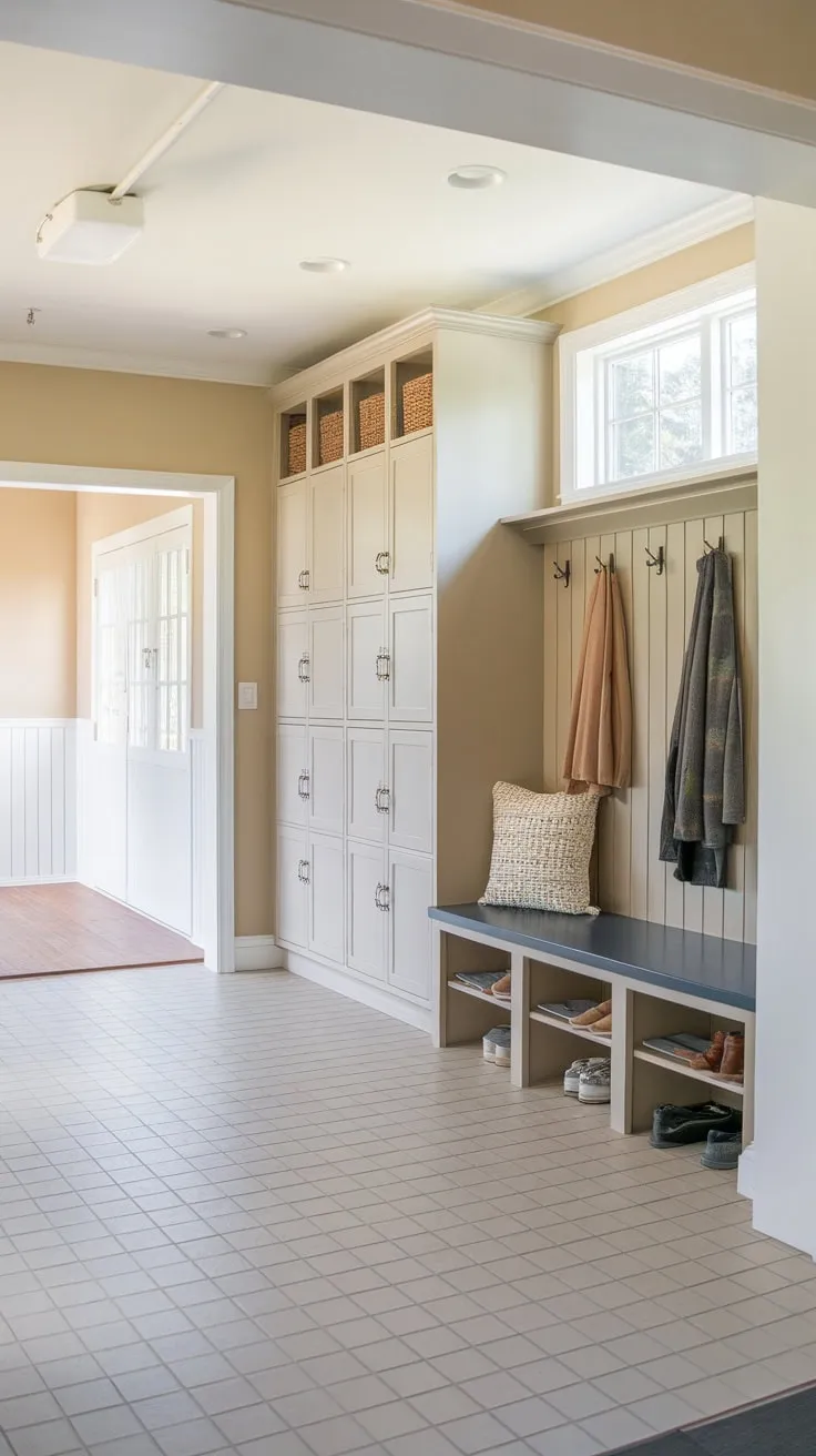 A bright renovated garage mudroom boasts tiled floors, built-in storage, and ample organization for coats and shoes