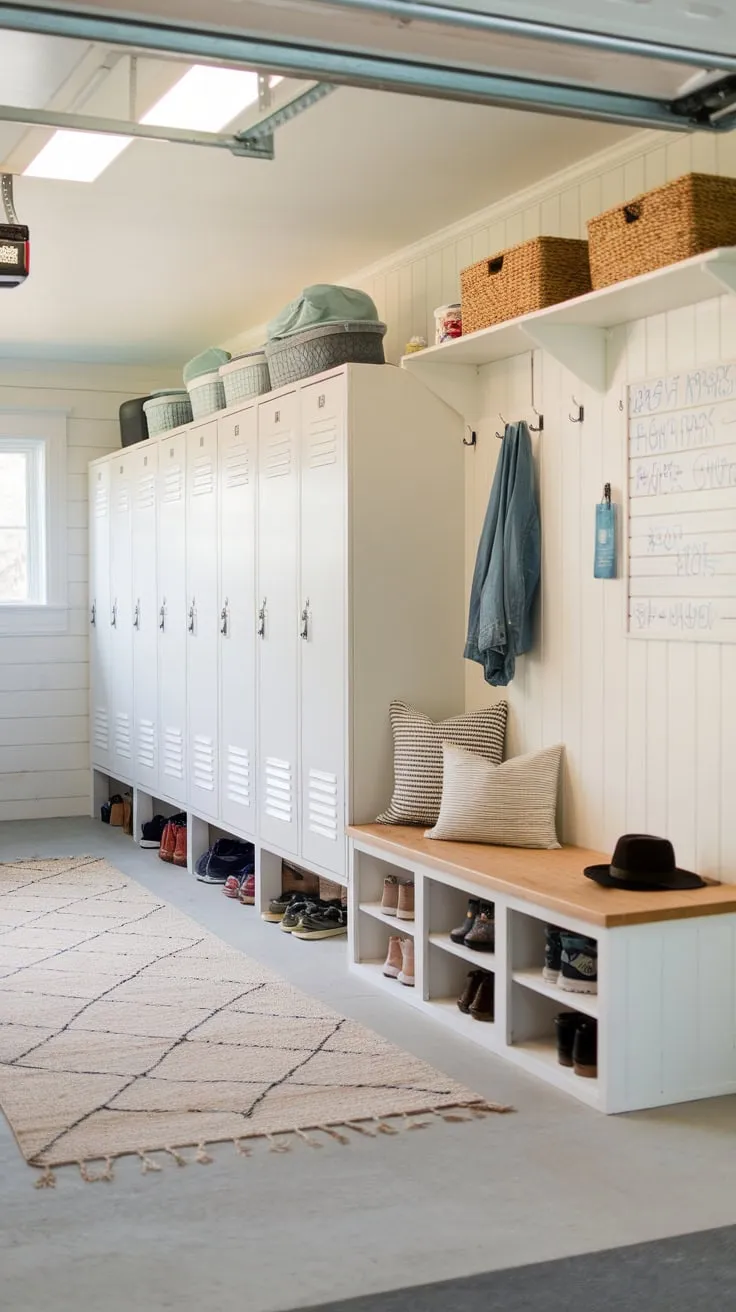 A bright, organized garage-mudroom boasts lockers, built-in bench seating, and a whiteboard, transforming chaotic entryway clutter into functional family bliss