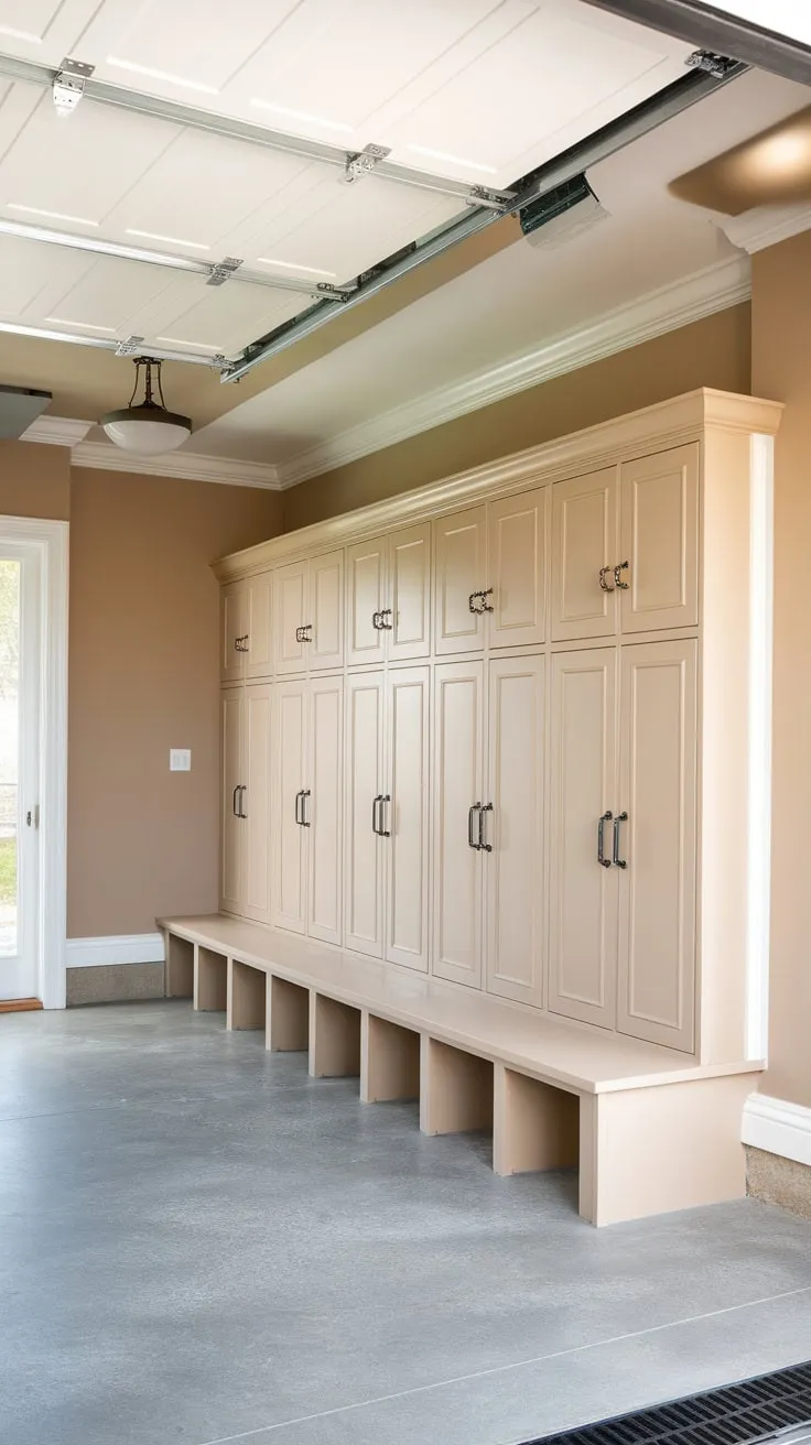 Transform your garage into an organized haven with a new mudroom complete with beige lockers, gray concrete flooring, and bright white accents.