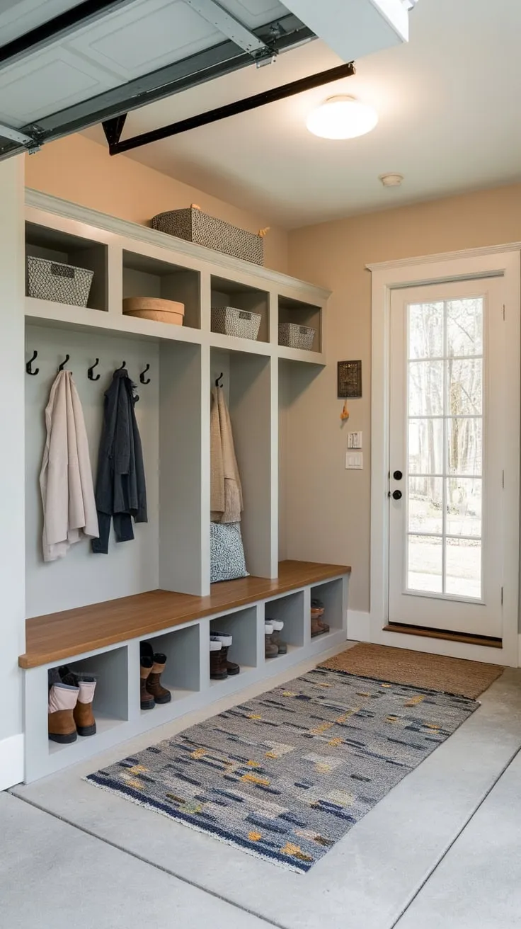 Transform your garage into a bright, organized mudroom featuring a bench, lockers, shelves, and ample storage, seamlessly connecting your home and car.