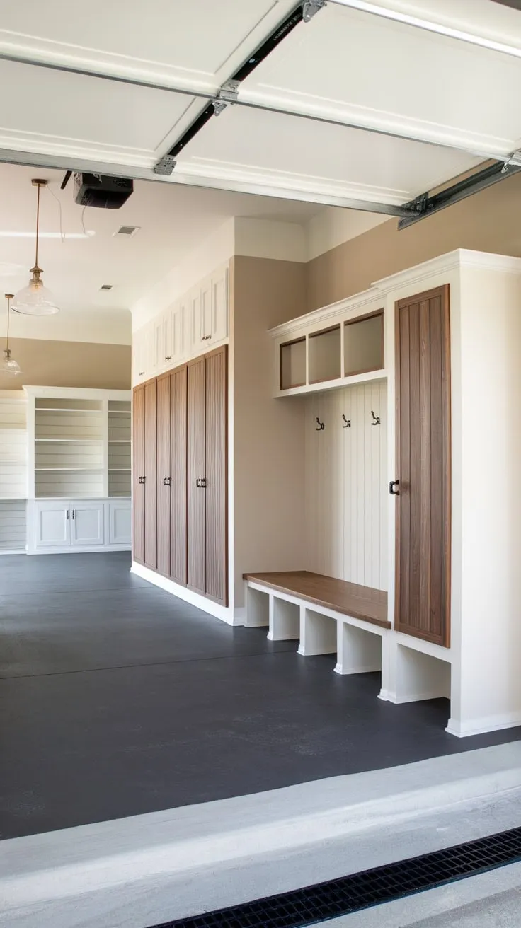 A bright garage renovation boasts a stylish mudroom featuring dark gray flooring, beige walls, wooden lockers, and built-in storage, creating a clean and functional space