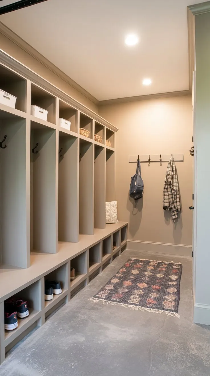 Transform your garage into a stylish and functional space with a new mudroom featuring beige walls, gray floors, and built-in storage for ultimate organization.
