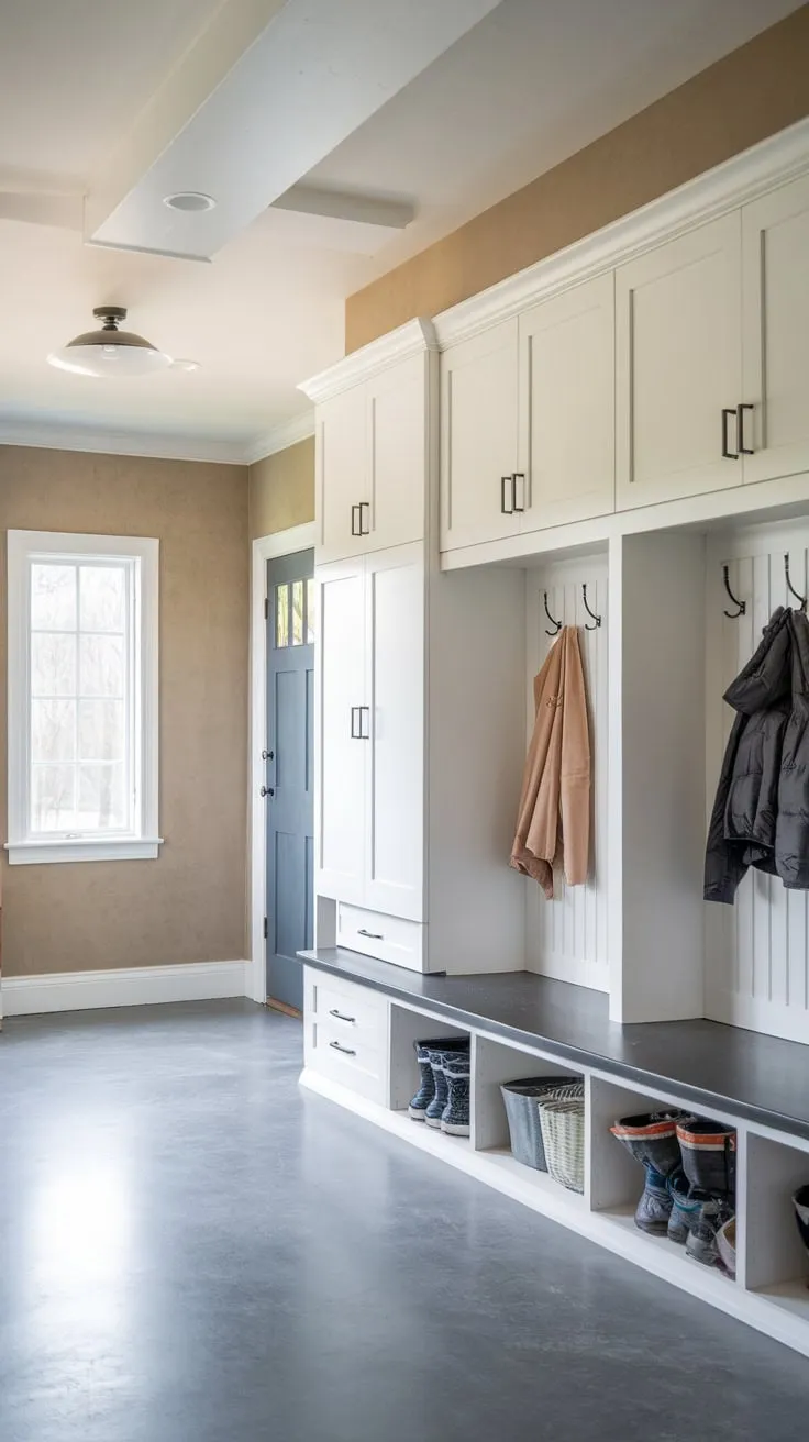 A renovated garage mudroom boasts white cabinets, gray floors, and practical storage solutions including lockers, a bench, and coat hooks, creating a bright and organized entryway.