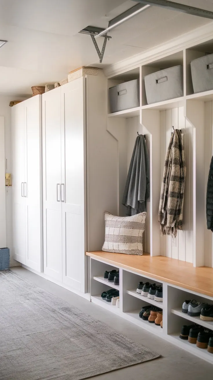 A bright and organized garage mudroom renovation boasts white sliding-door cabinets, lockers with hooks and storage, and a comfy bench—perfect for managing family clutter.