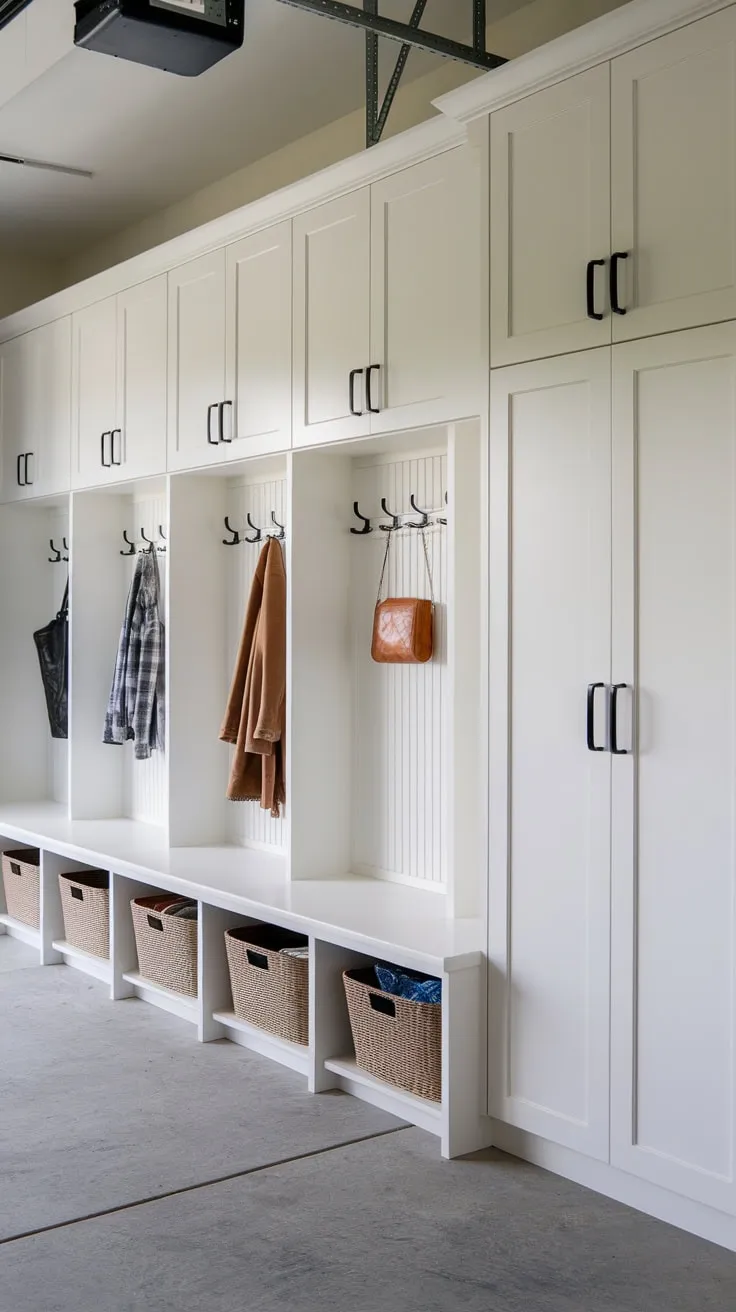 White cupboards and double-doored lockers create a functional and stylish garage mudroom, complete with a storage bench and wall hooks.