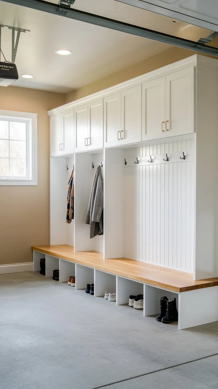 A bright, clean garage mudroom boasts white cupboards and lockers, a wooden bench, and a concrete floor, offering practical storage and a welcoming entryway.
