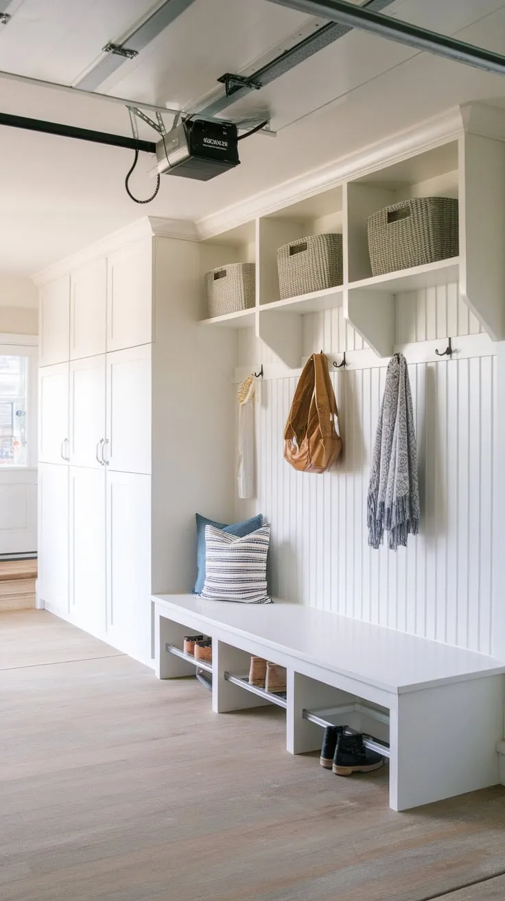 A bright, clean garage renovation boasts a stylish mudroom complete with a white bench, lockers, and ample storage.