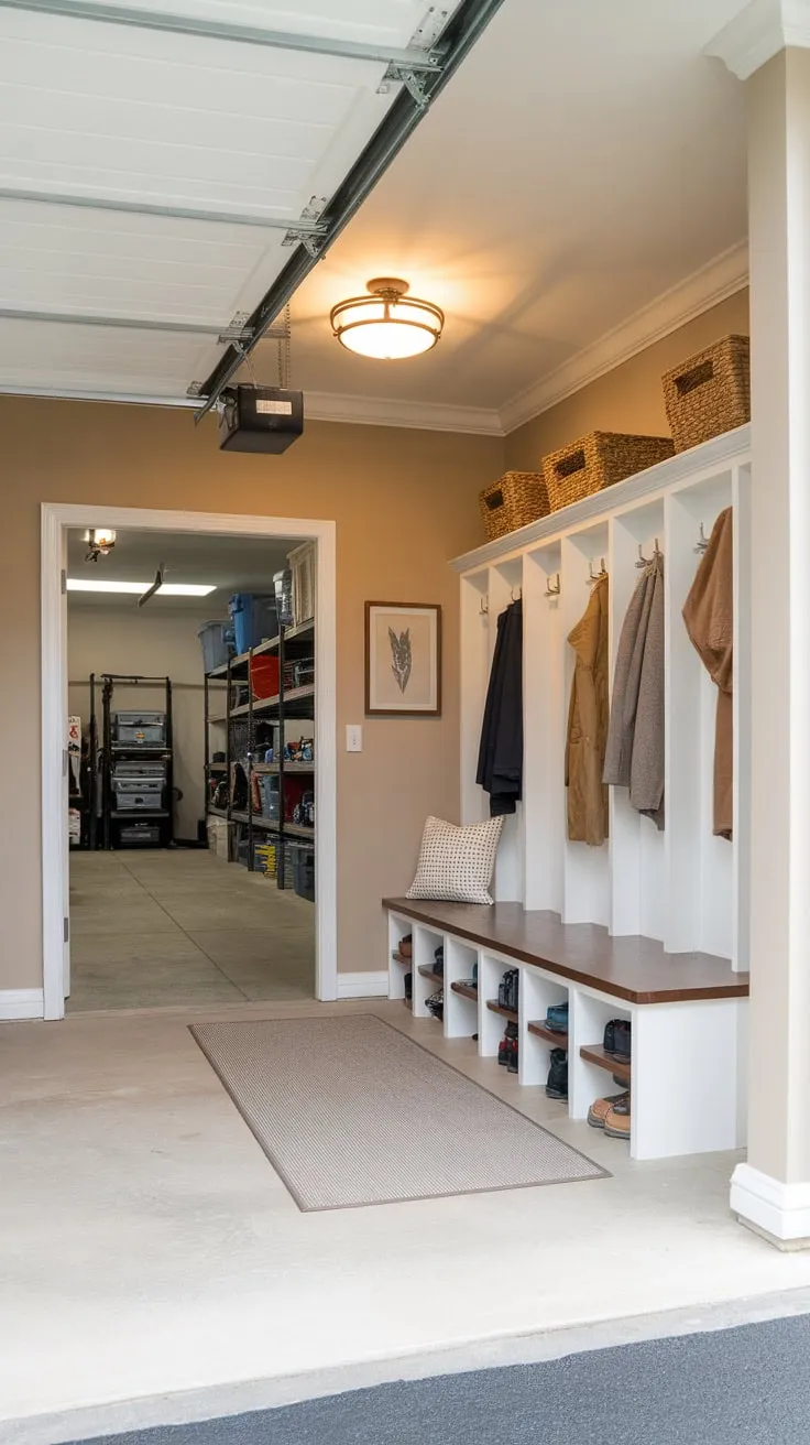 A garage renovation creates a practical mudroom complete with storage lockers and a comfortable seating area, seamlessly blending organization and style.