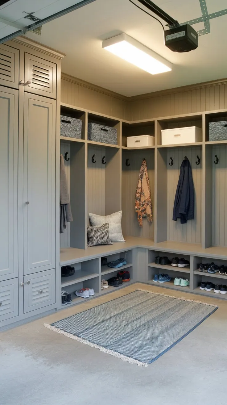 Functional and stylish, this garage mudroom features built-in storage solutions for coats, shoes, and gear, creating a welcoming and organized entryway.