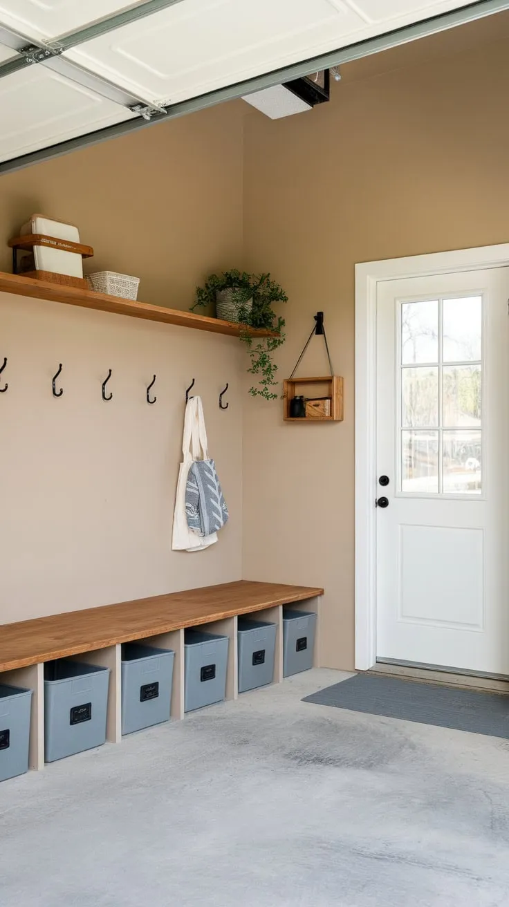 A functional garage mudroom boasts organized storage, practical hooks, and a touch of homey décor.