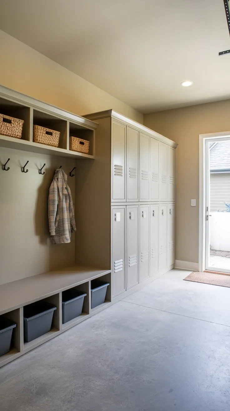 A concrete-floored garage transformation includes a convenient mudroom with lockers, bench seating, and interior access.