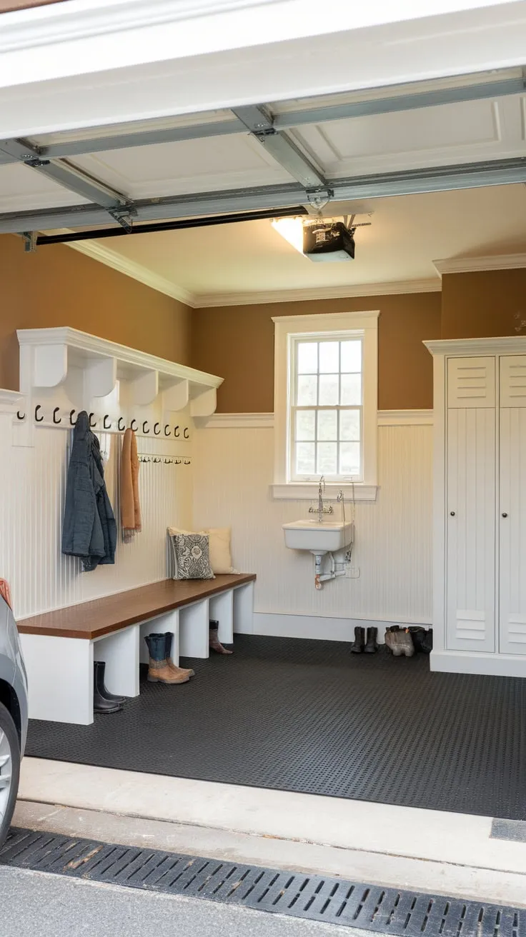 A functional mudroom cleverly repurposed from a garage offers storage, a sink, and durable flooring, seamlessly blending practicality with style.