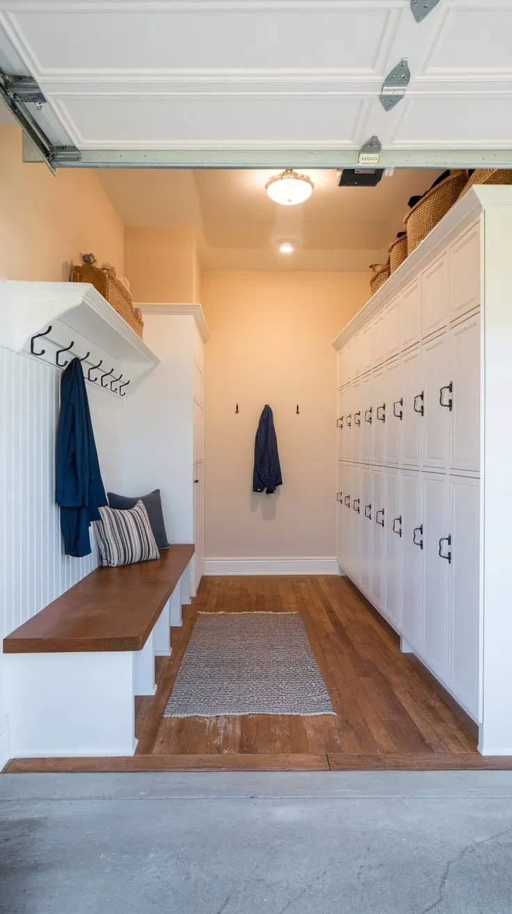 A bright renovated garage mudroom boasts a clean organized space with a wood-plank floor, bench seating, lockers, and ample coat hooks.