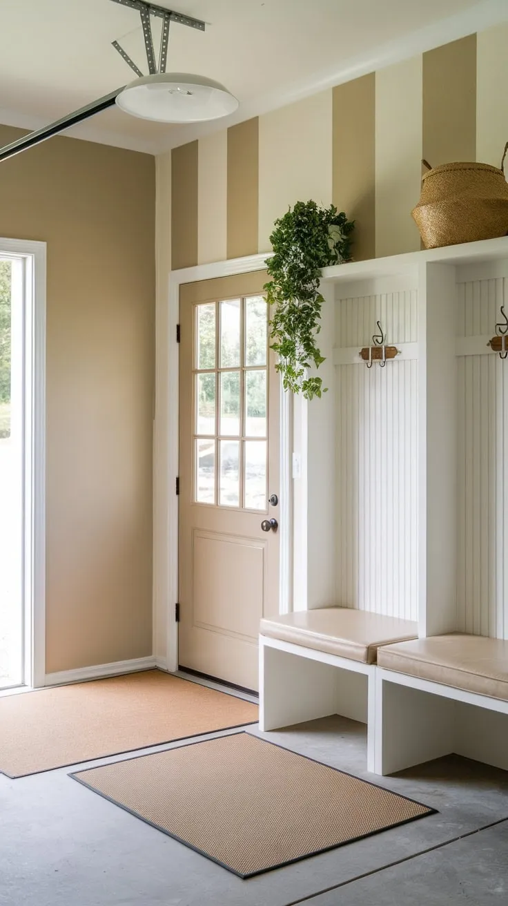 Beige accents and a white shelf with greenery soften the garage aesthetic in this inviting mudroom.