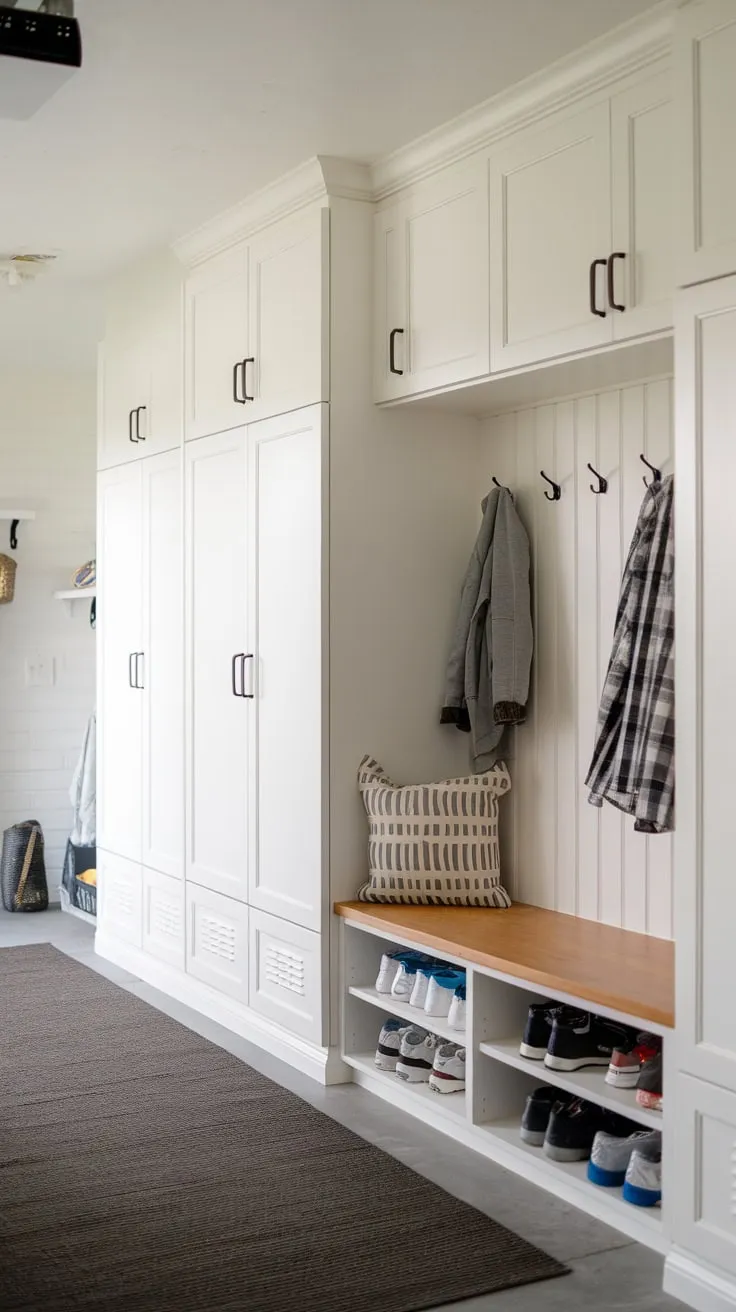 Transform your garage into a functional and stylish mudroom featuring white cabinetry, built-in lockers, and convenient storage solutions for a clutter-free entryway.