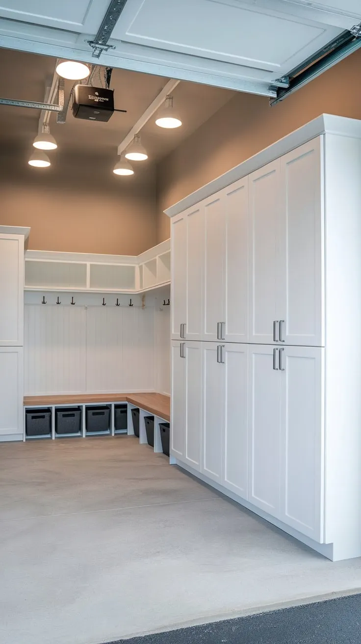 Light gray walls and a concrete floor complement white cabinetry and built-in mudroom lockers in this well-lit garage upgrade.