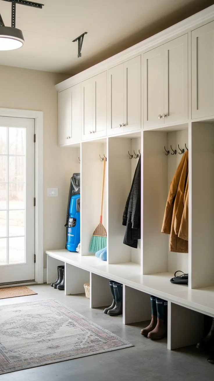 Organized chaos meets functionality in a well-lit garage mudroom featuring white cabinets, coat lockers, and convenient wall hooks.