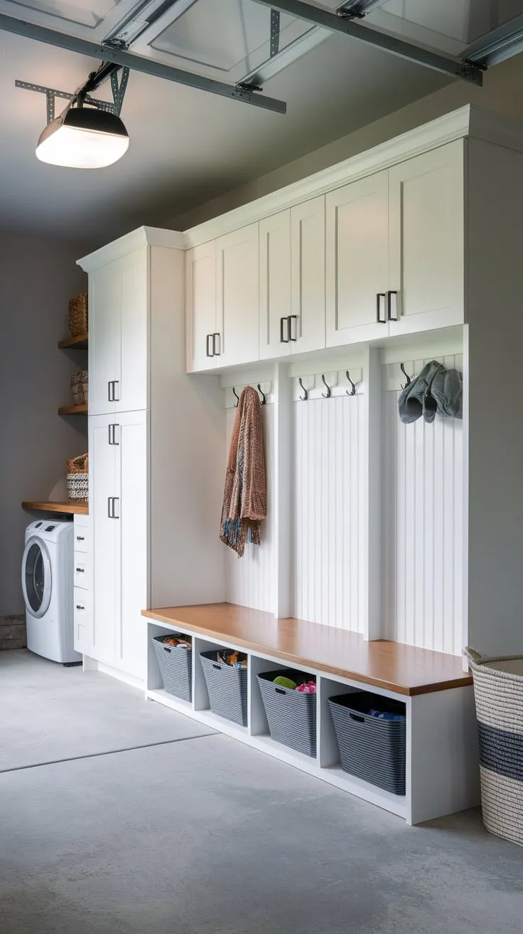 Practical and chic, this garage mudroom features white cabinets, built-in lockers, and a storage bench in a grey-walled space with concrete flooring and laundry facilities.