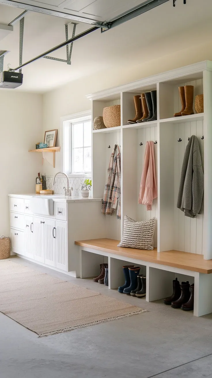 Garage remodel goals achieved! This mudroom in garage is a game-changer.  Mudroom lockers keep everything organized, while the bright and airy space feels welcoming.  A testament to thoughtful garage mudroom design and the transformative power of a garage renovation.