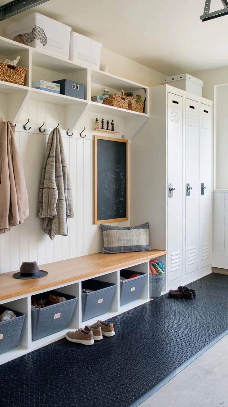 From cluttered garage to organized haven! This garage renovation boasts a stunning mudroom, complete with mudroom lockers, a custom bench with storage bins, and stylish mudroom decor.  The rubber flooring makes cleanup a breeze, transforming this garage mudroom into the ultimate family entryway.