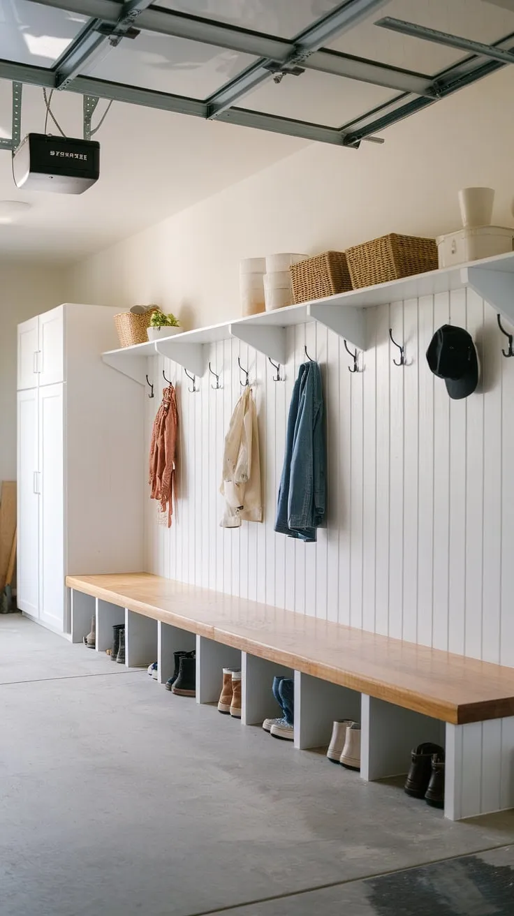This garage mudroom is a dream come true!  Mudroom lockers tucked beneath a rustic bench provide hidden storage, while wall hooks keep coats and hats readily accessible. This mudroom in garage transformation is the ultimate garage remodel for busy families.