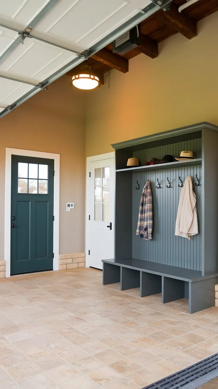 From drab garage to fab mudroom! This garage remodel showcases the potential of a mudroom in garage, featuring practical mudroom lockers and a charming design. The combination of dark green and white doors, along with the thoughtful mudroom decor, creates a welcoming and organized space.  The result? A truly enviable mud room garage.
