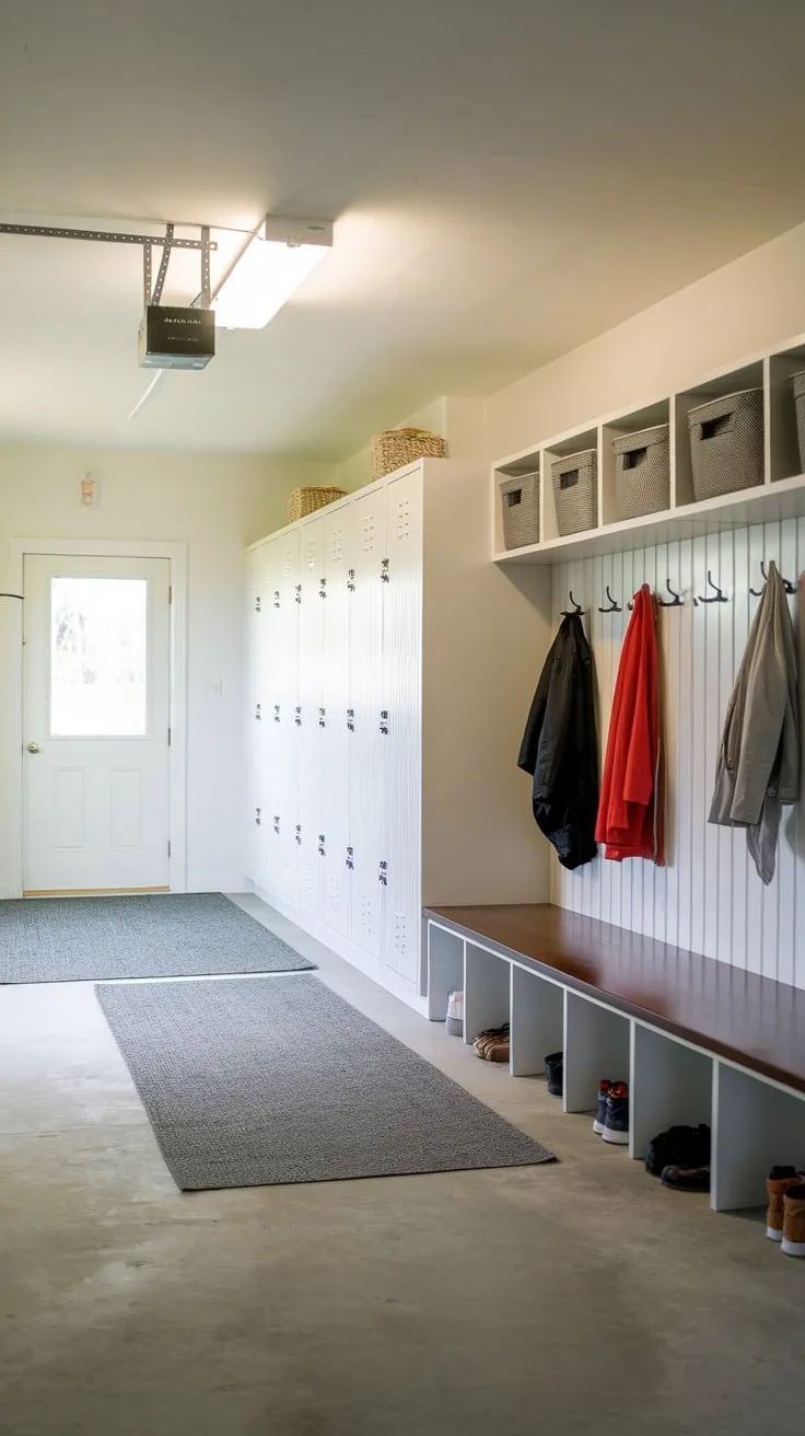 Transform your garage into a functional and stylish mudroom with built-in lockers, a bench, and bright lighting for ultimate organization.