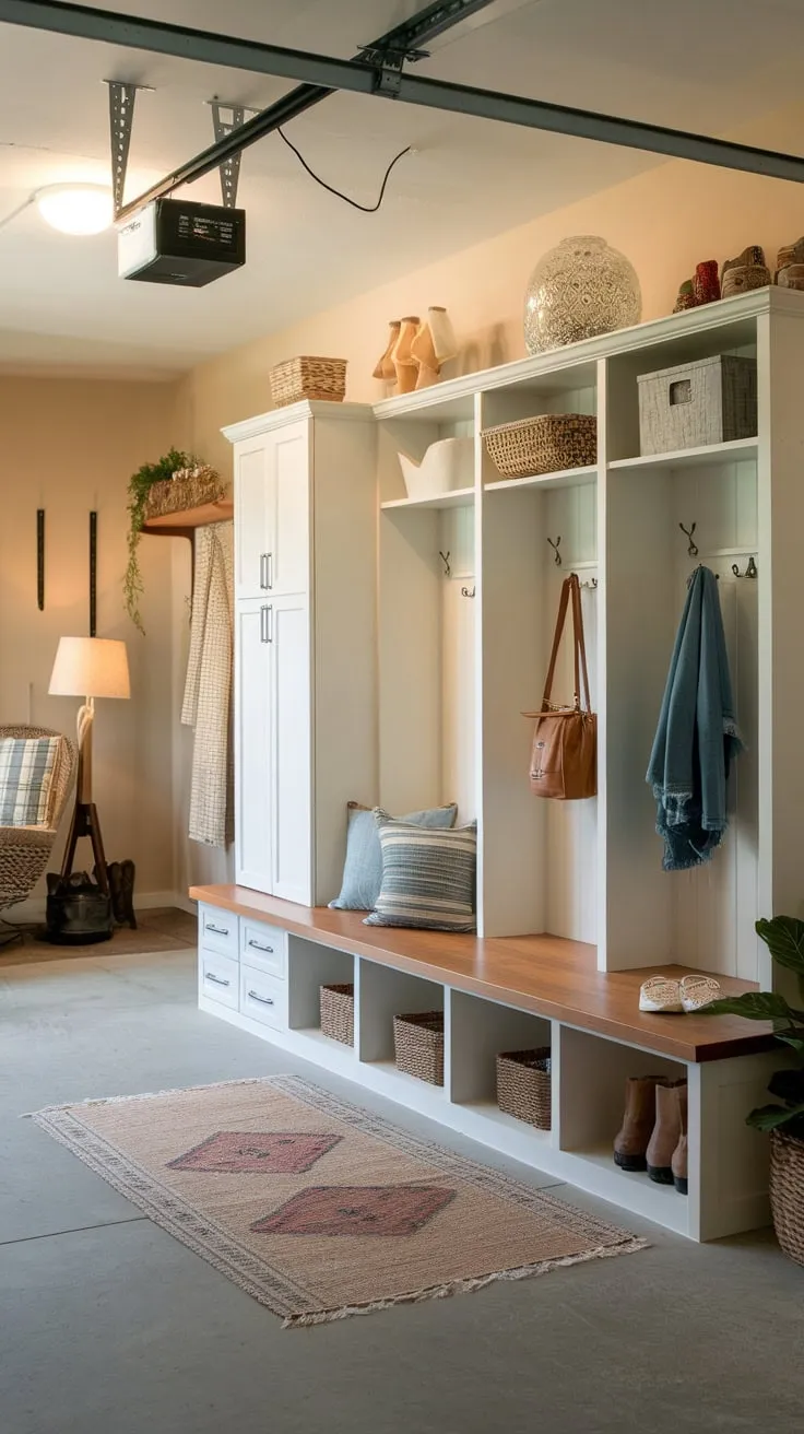 Transform your garage into a functional and inviting mudroom with built-in storage and charming personal touches.