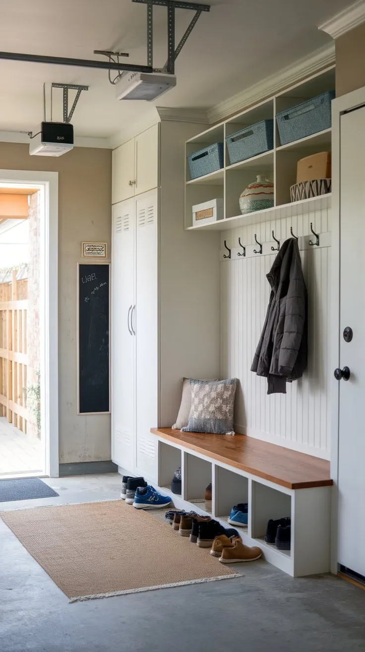 A garage mudroom renovation boasts convenient storage, including lockers and a bench, plus charming features like a chalkboard and exterior access for ultimate organization and family convenience