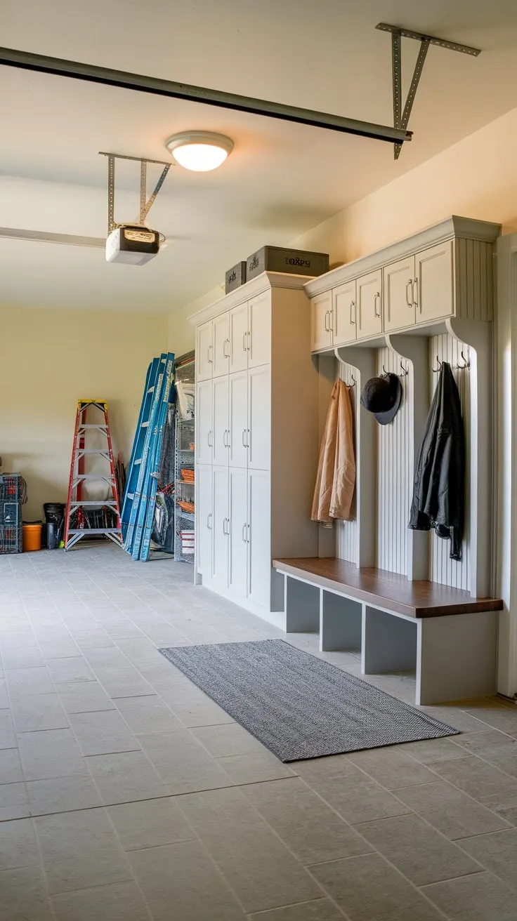 Bright lighting illuminates a functional garage mudroom featuring tiled floors, a built-in bench, lockers, and convenient coat hooks.
