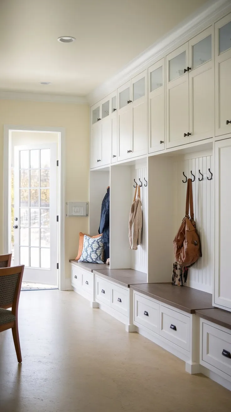 A bright, well-lit garage mudroom boasts white cupboards, mudroom lockers, and ample storage, creating a functional and organized entryway.