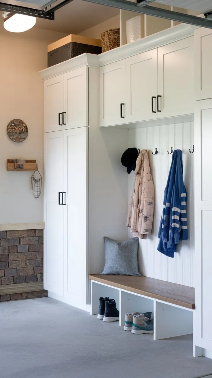 Well-lit and organized, this garage mudroom features white cabinetry, convenient lockers, a coat bench, and a durable concrete floor.