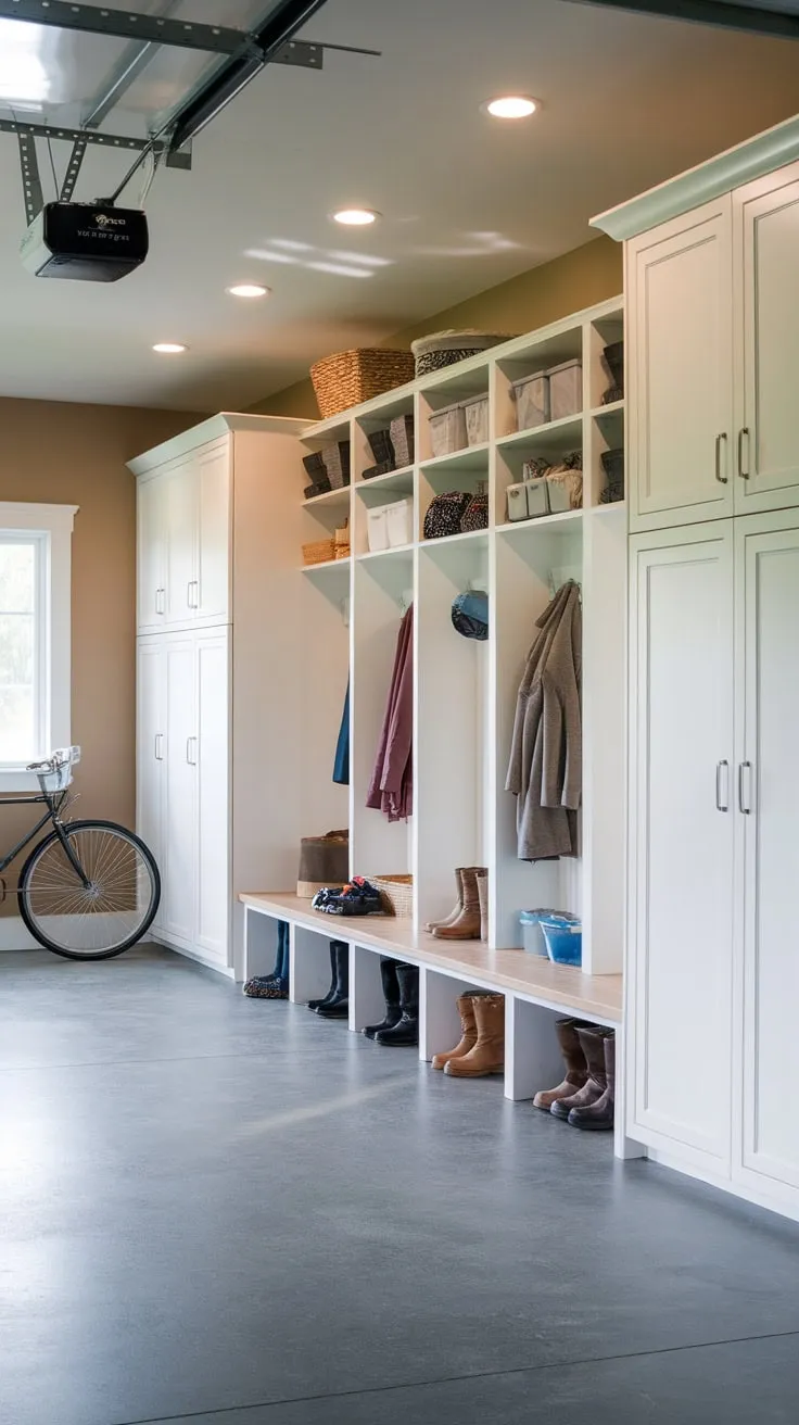 Transformed from garage to mudroom, this space features white cabinetry and lockers, efficiently storing outdoor gear against a backdrop of gray concrete and warm beige walls.