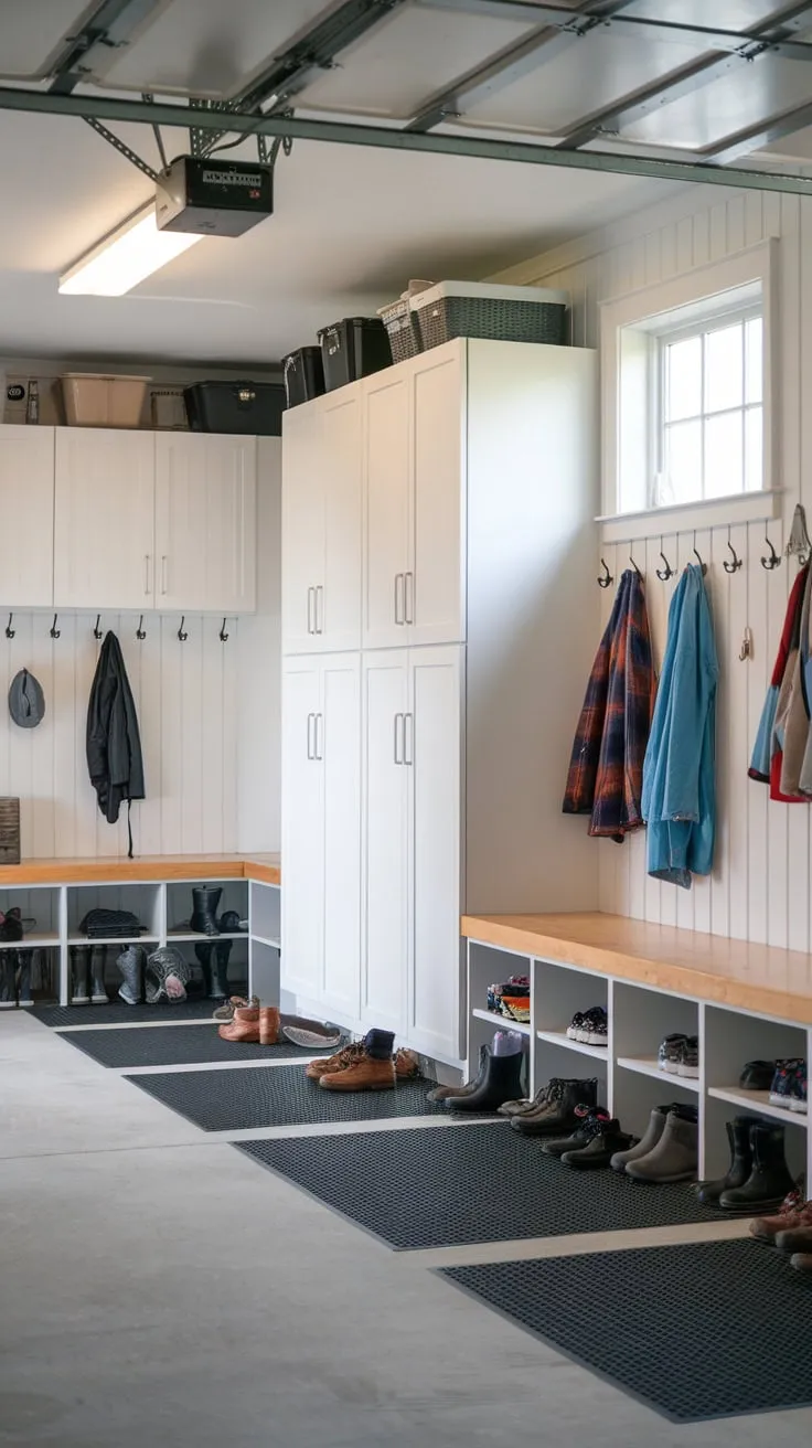 A bright, organized garage-mudroom boasts white cupboards, lockers, a workbench, and ample storage for coats, hats, and boots, all atop practical rubber flooring.