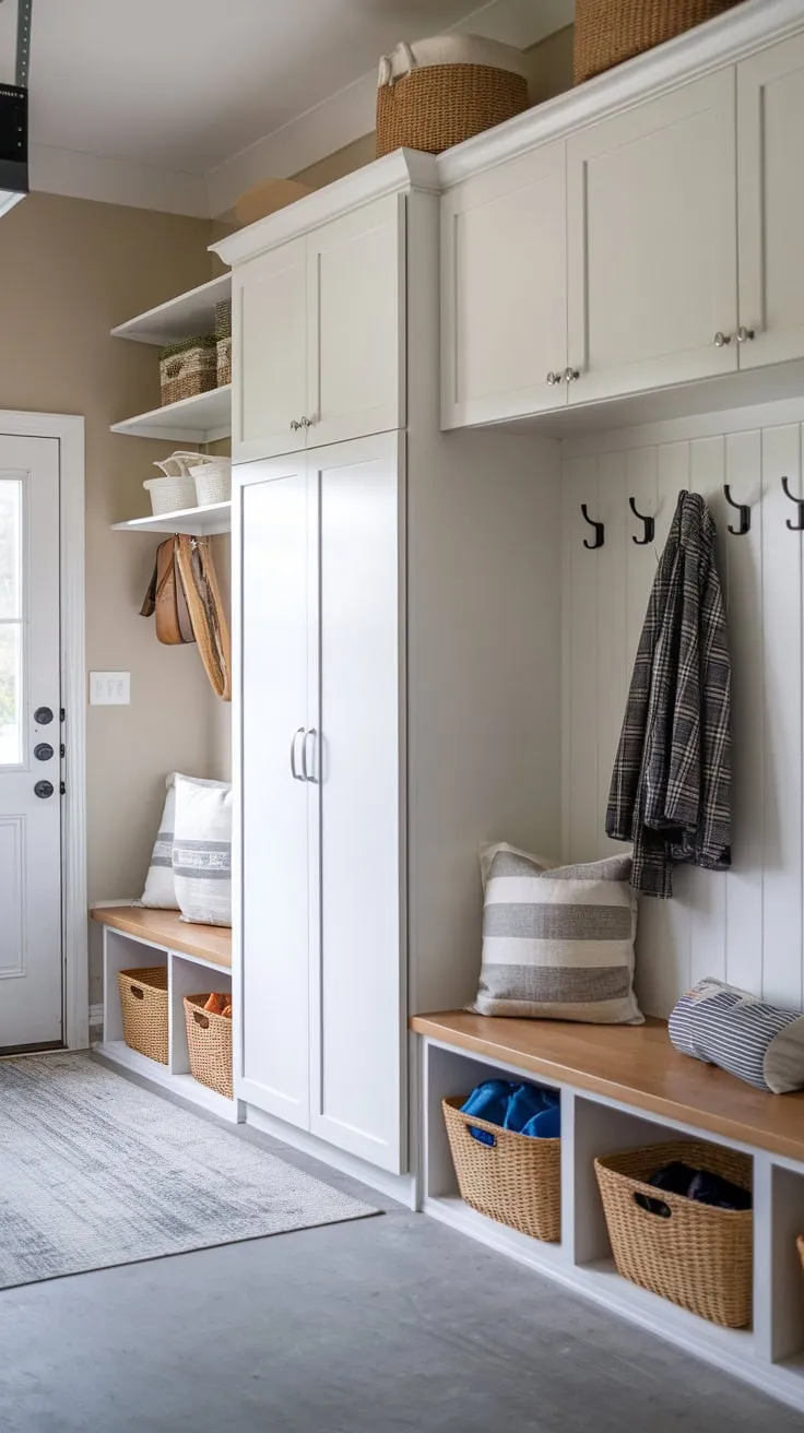 Organized entryway bliss awaits in this garage mudroom featuring white cabinets, lockers, a storage bench, coat rack, and wall shelves.