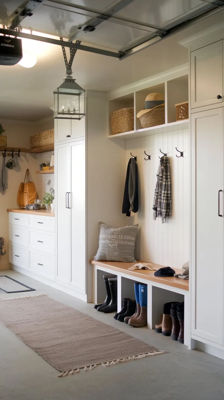 White cupboards and built-in lockers create a stylish and functional mudroom in a repurposed garage, perfect for organizing coats, boots, and other essentials.