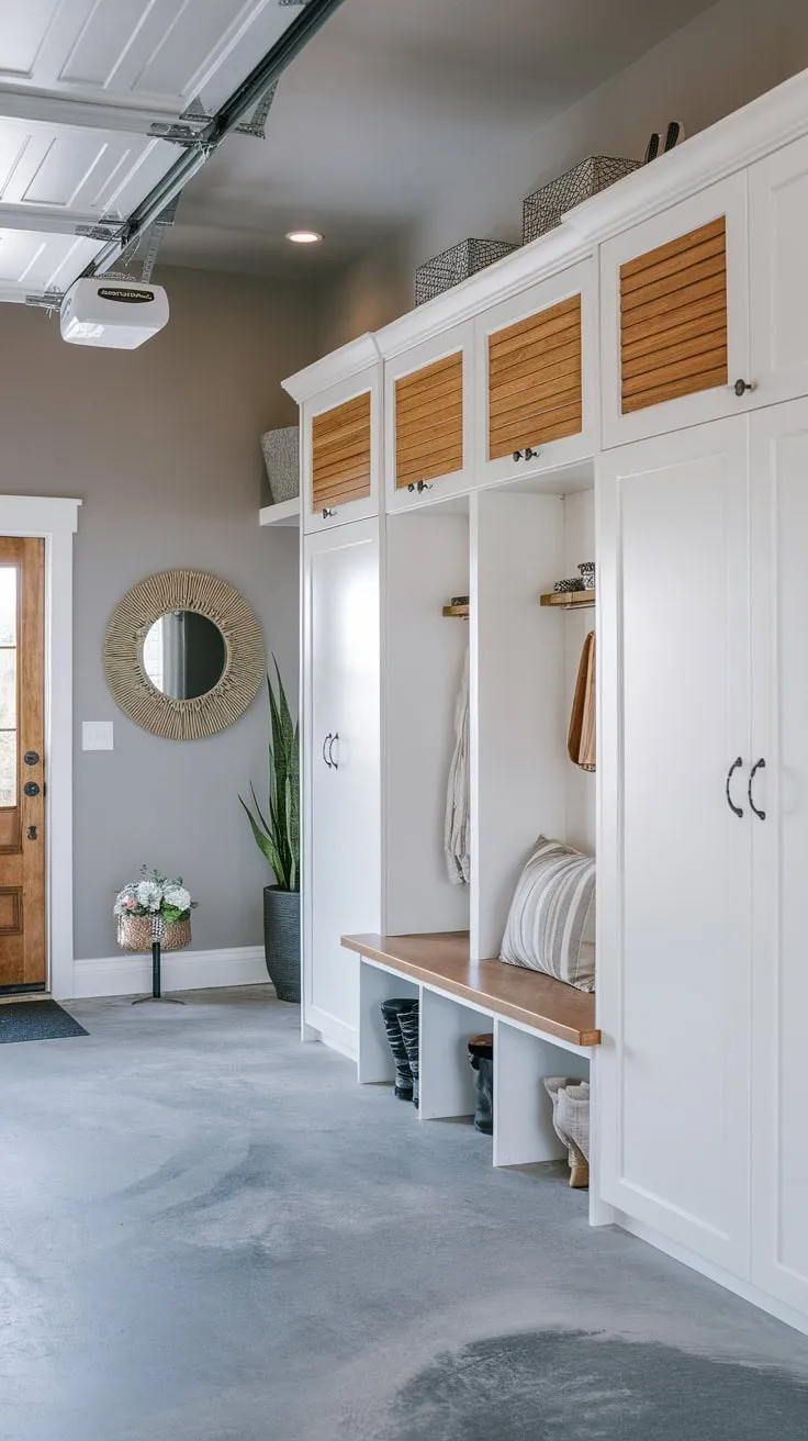 A stylish grey-walled garage mudroom boasts white cupboards, wooden-doored lockers, a cement floor, and a welcoming bench.