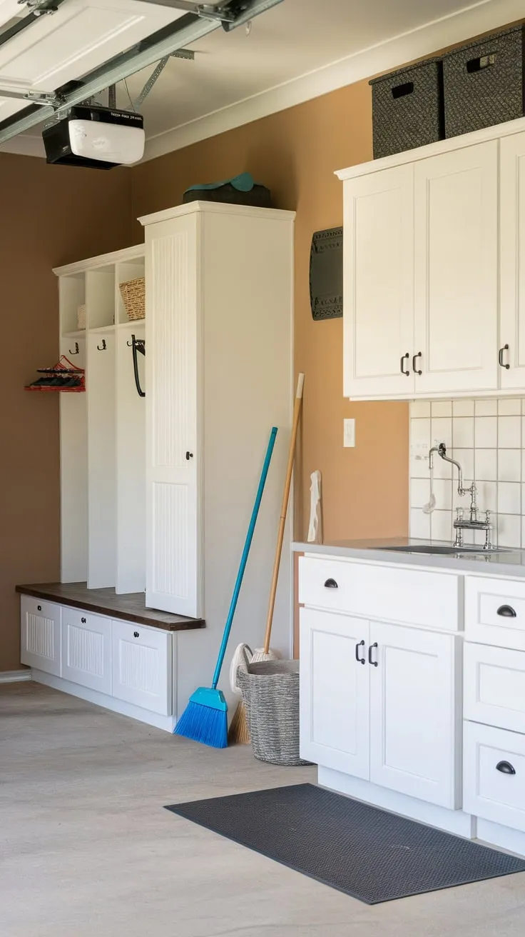 A bright beige garage mudroom boasts white cupboards, lockers, a handy sink, and ample storage for shoes and cleaning supplies.