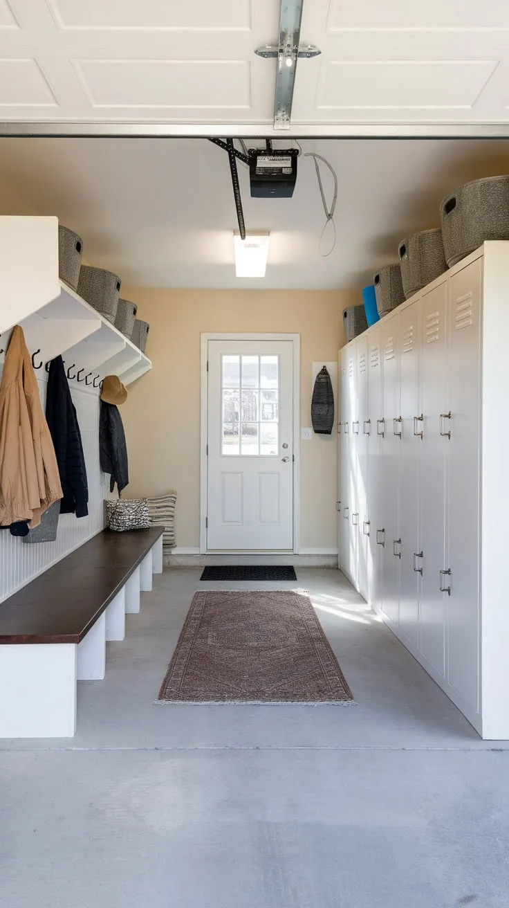A bright, organized garage mudroom boasts lockers, coat hooks, a bench, and a rug, transforming chaotic entryway clutter into functional serenity