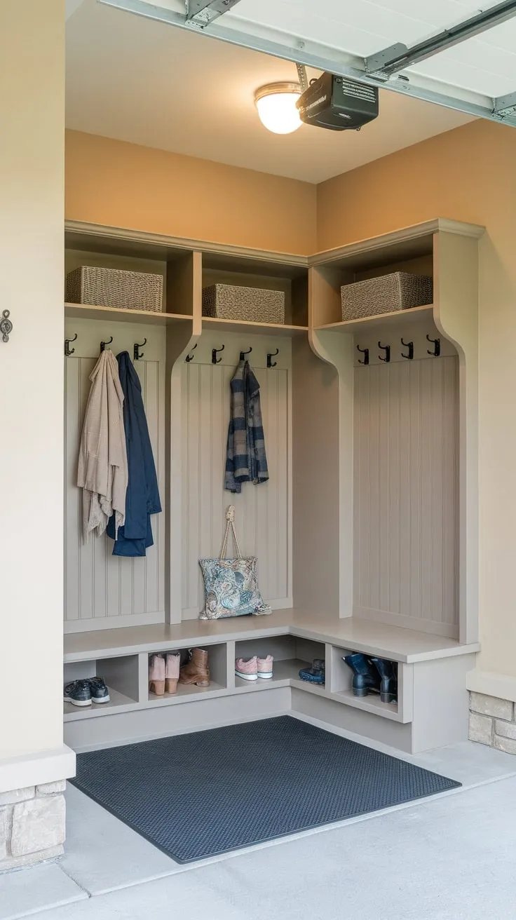 A garage renovation creates a practical mudroom boasting coat racks, shelves, lockers, and floor organizers for ultimate family convenience.