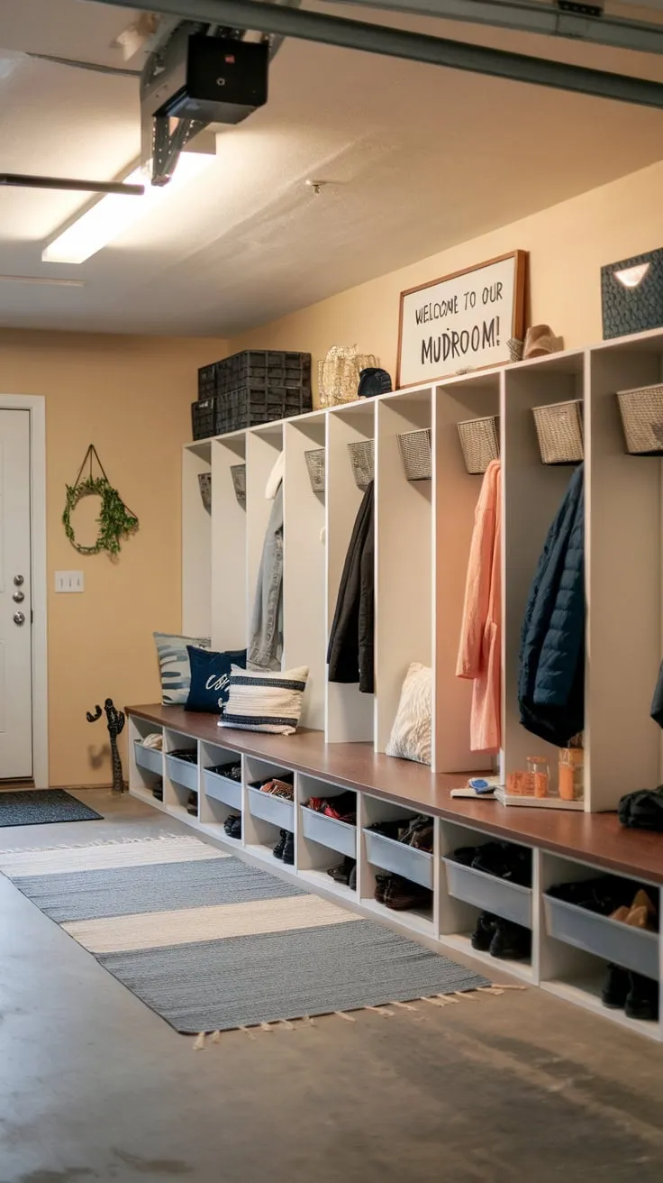 Bright lighting illuminates a functional garage mudroom complete with lockers, storage, and personal touches for a welcoming and organized entryway.