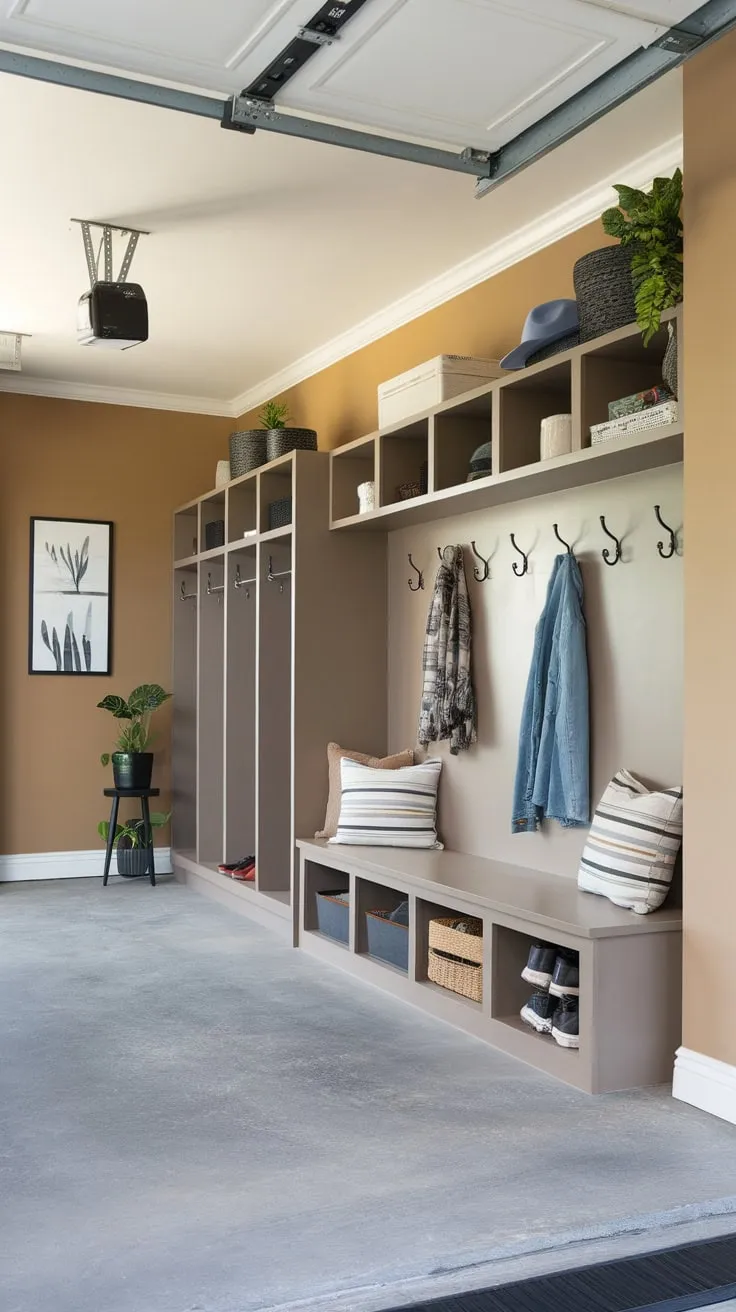 A well-designed garage mudroom featuring a bench, hooks, and locker provides efficient storage and a welcoming entryway.