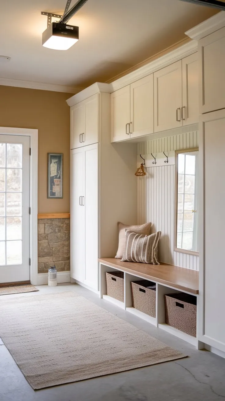 Beige walls, white cabinetry, and practical storage define this inviting garage mudroom, complete with a convenient exterior door and ample lighting.