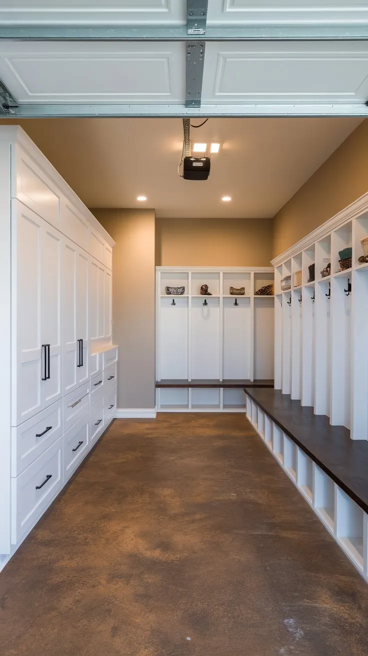 A rugged-floored garage conversion boasts white cabinets and mudroom lockers under bright overhead lighting