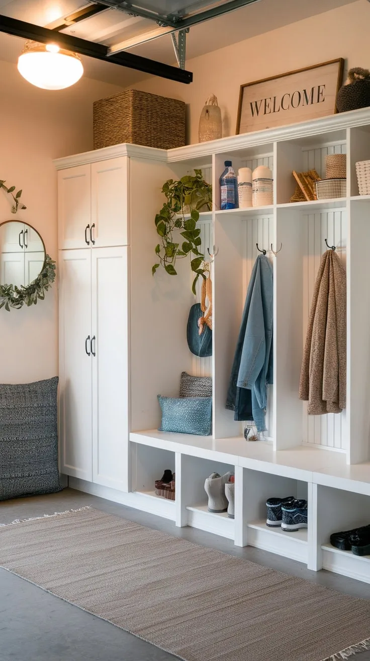 White cupboards and mudroom lockers offer organized storage in a cozy garage mudroom enhanced by warm lighting and welcoming décor.