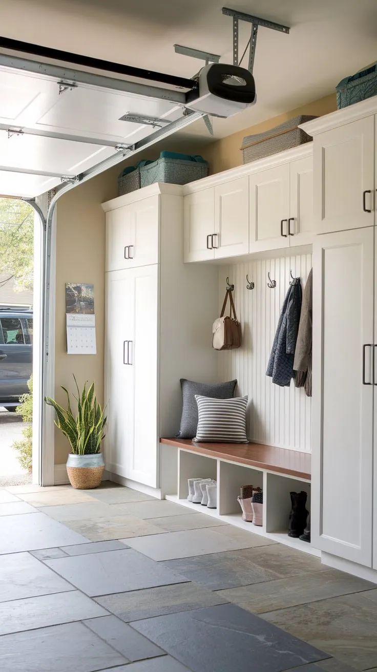 A renovated garage boasts a stylish mudroom featuring white cupboards, stone tile floors, and ample storage, seamlessly blending practicality with charm.
