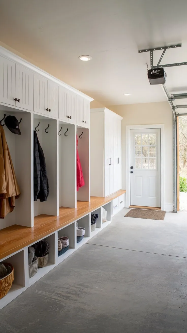 A bright rustic garage-mudroom boasts lockers, a storage bench, and a concrete floor, offering practical organization and outdoor access.