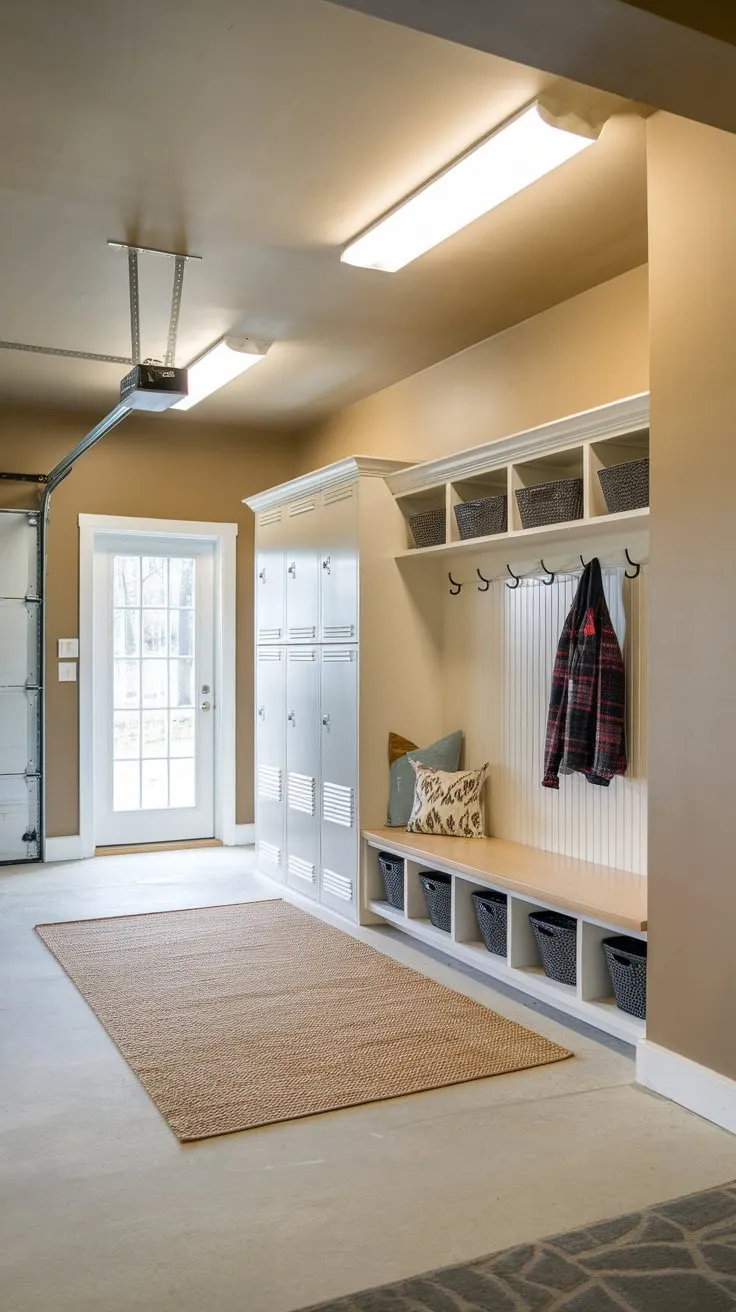 A garage renovation creates a practical mudroom featuring lockers, a bench, and coat rack for organized entry and exit.
